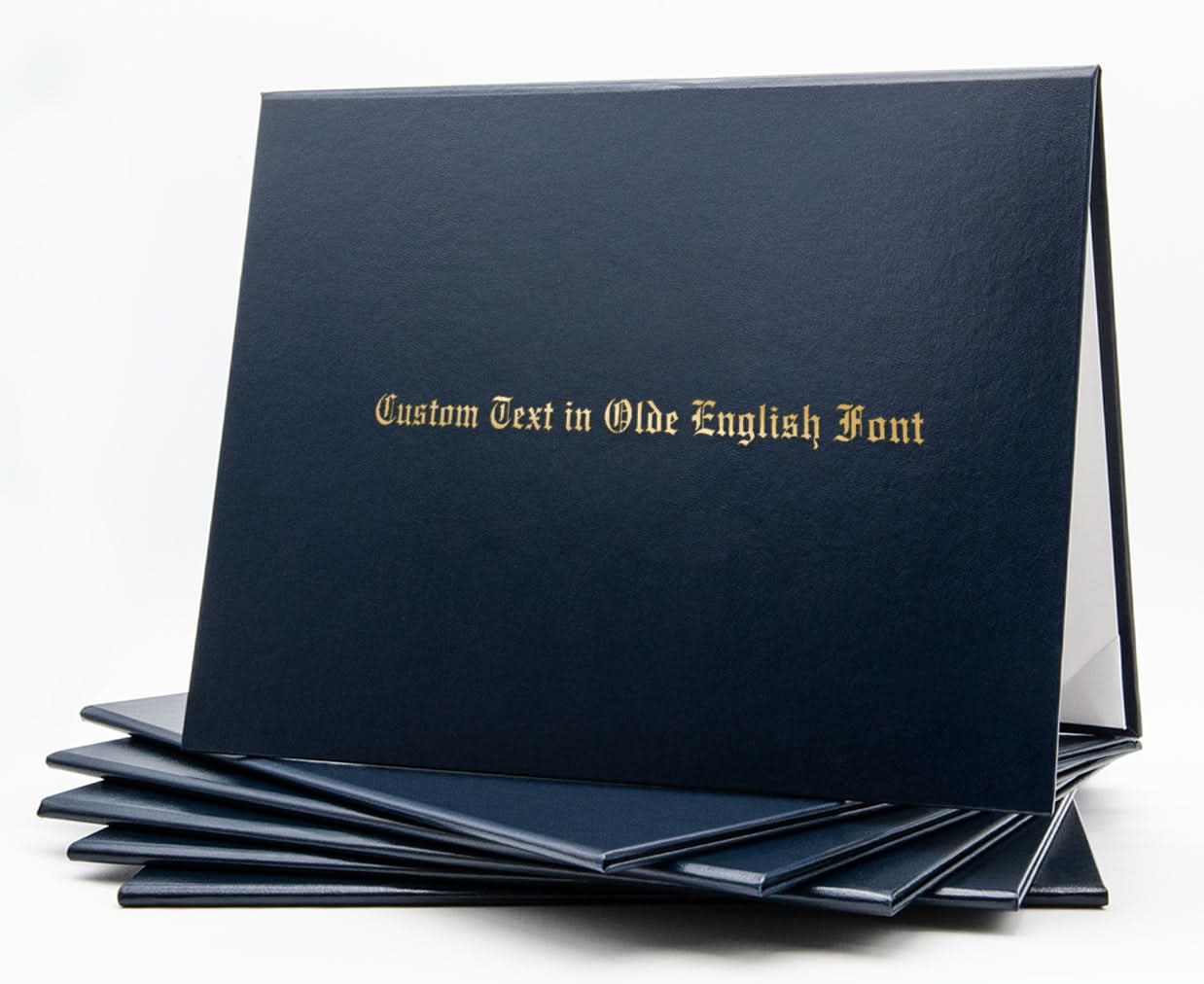Navy blue custom tent-style document cover by Honor U with metallic foil printed text on the front.