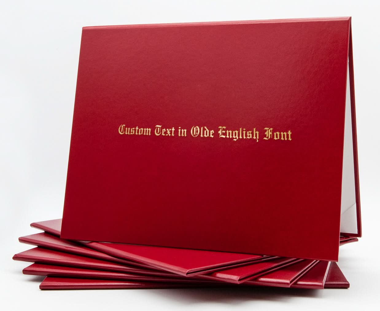 Red custom tent-style document cover by Honor U with metallic foil printed text on the front.