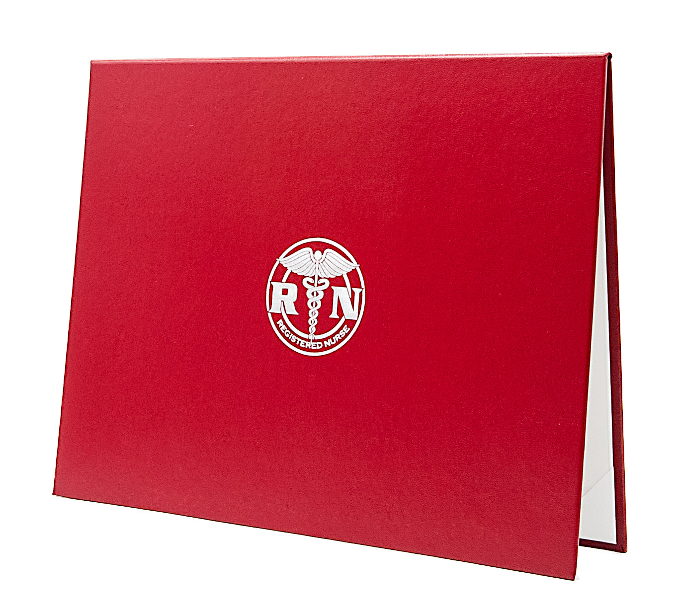 Red diploma folder with silver RN logo on a white background