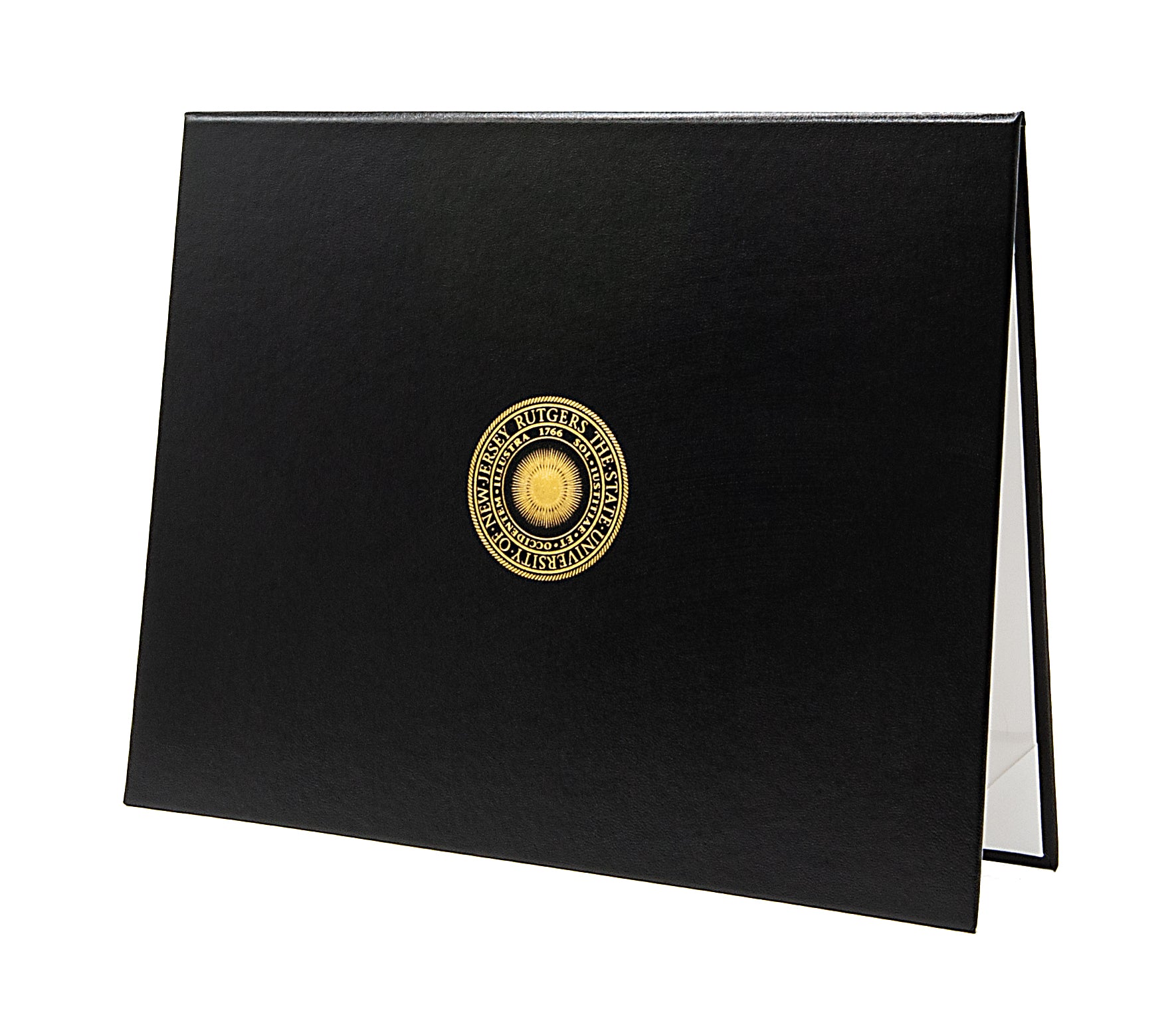 Black diploma cover with a gold emblem on a white background