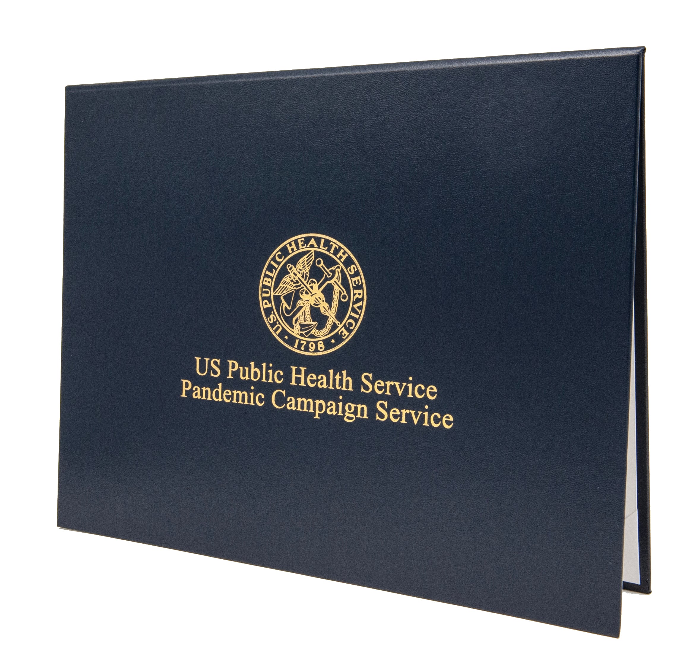 Navy document cover with US Public Health Service logo and text in gold foil on a white background