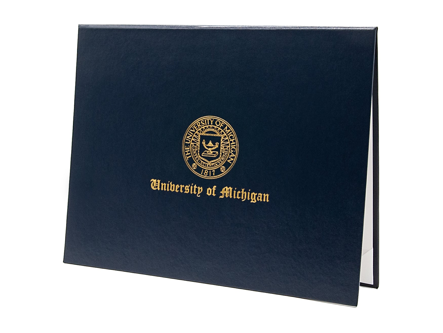 Navy blue diploma cover with University of Michigan emblem and text in metallic gold foil on a white background