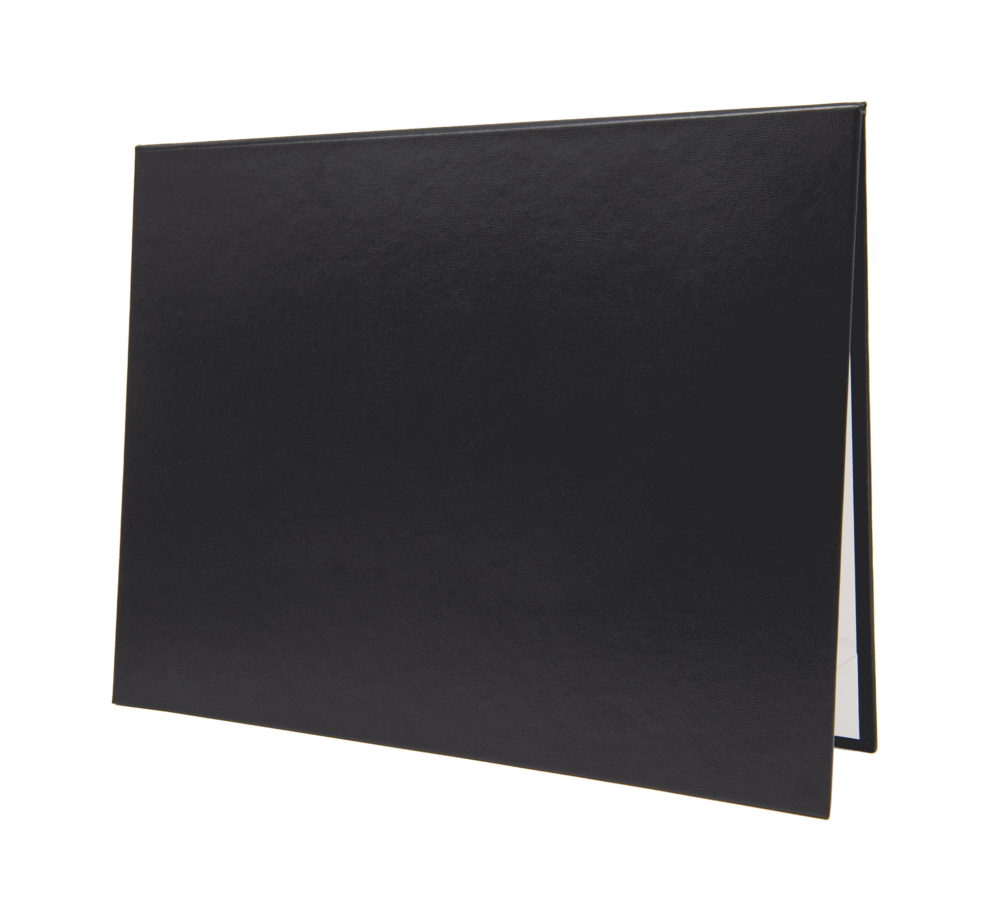Sleek solid black color document cover designed for holding certificates, awards, or diplomas. Durable hardback case made from premium faux leather/leatherette, featuring a polished finish for a professional display. Ideal for presentations, graduations, and recognitions.