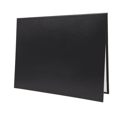 Sleek solid black color document cover designed for holding certificates, awards, or diplomas. Durable hardback case made from premium faux leather/leatherette, featuring a polished finish for a professional display. Ideal for presentations, graduations, and recognitions.