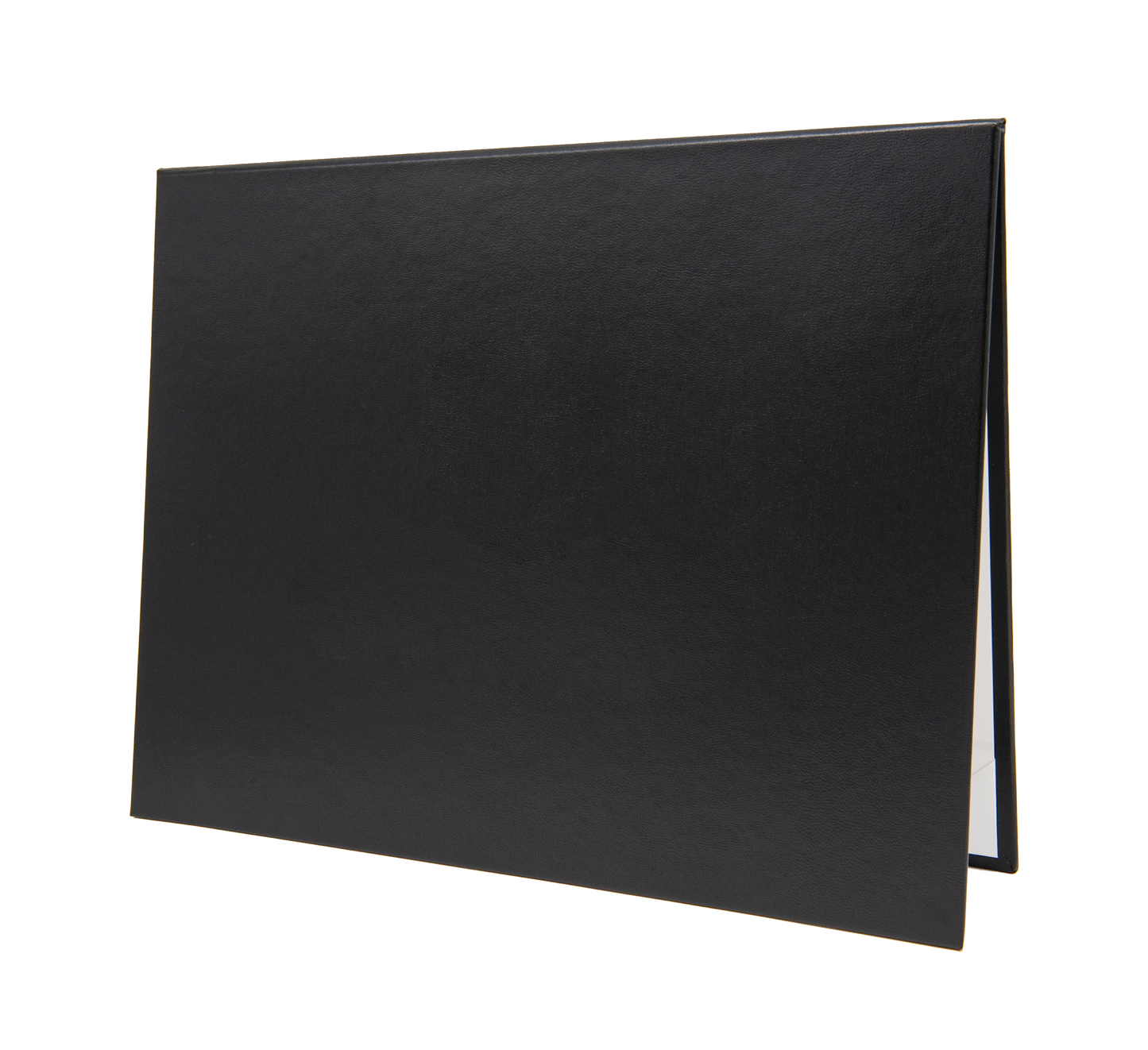 Sleek solid black color document cover designed for holding certificates, awards, or diplomas. Durable hardback case made from premium faux leather/leatherette, featuring a polished finish for a professional display. Ideal for presentations, graduations, and recognitions.