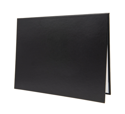 Sleek solid black color document cover designed for holding certificates, awards, or diplomas. Durable hardback case made from premium faux leather/leatherette, featuring a polished finish for a professional display. Ideal for presentations, graduations, and recognitions.