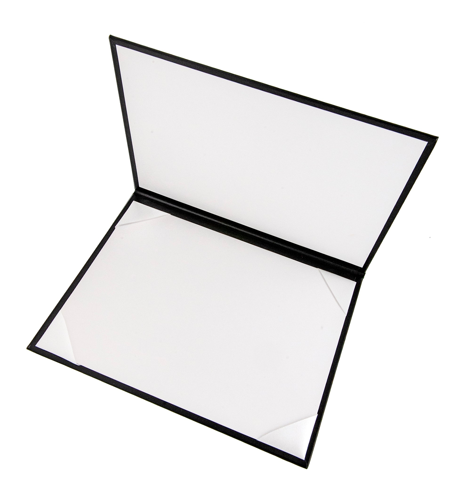 Interior display of document cover features white satin ribbon corners on one side to perfectly secure and hold a single certificate, award, or diploma. Each case includes a clear acetate protection insert for added document preservation and display