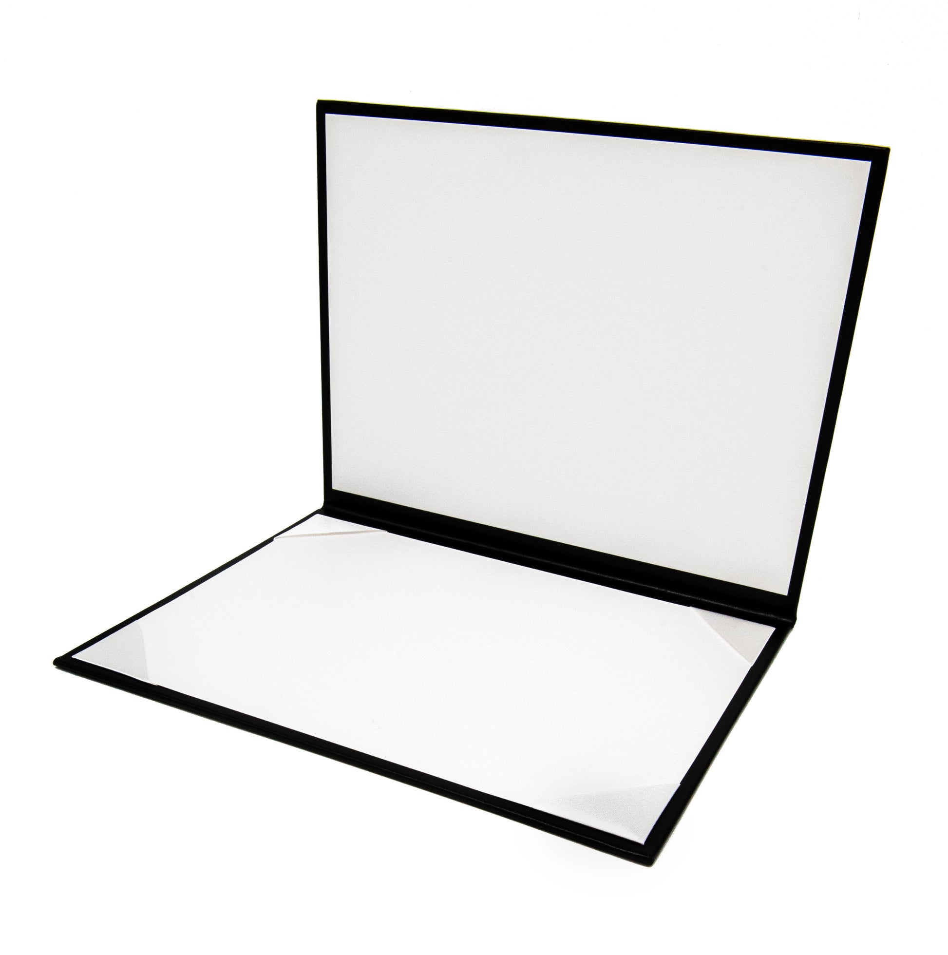 Interior display of tent-style document cover, holder, folder that features white satin ribbon corners on one side to perfectly secure a certificate, award, or diploma. Each case includes a clear acetate protection insert for added document preservation and display