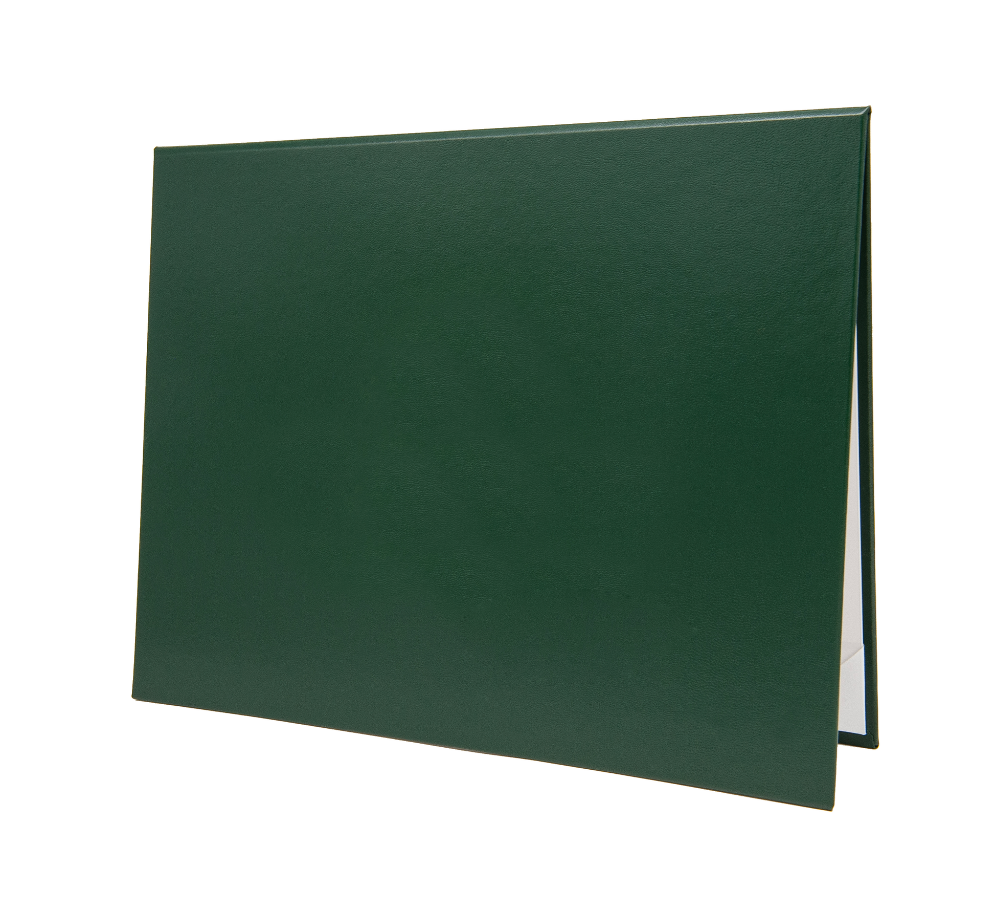 Sleek solid green color document cover designed for certificates, awards, or diplomas. Durable hardback case made from premium faux leather/leatherette, featuring a polished finish for a professional display. Ideal for presentations, graduations, and recognitions.