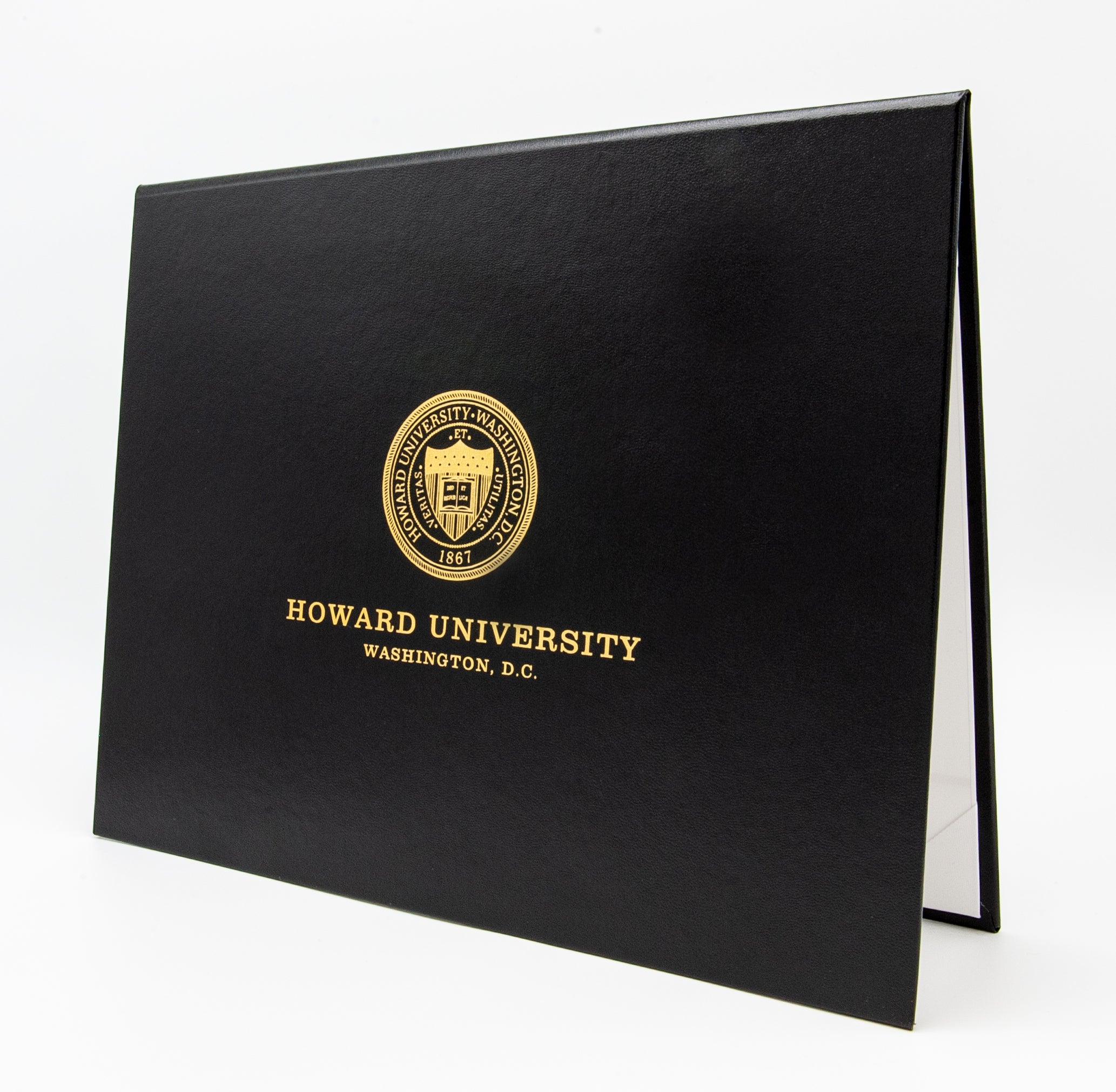 Black diploma folder with gold emblem and text on a white background