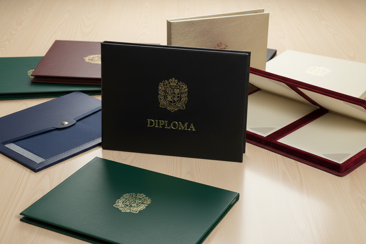 Collection of diploma covers with embossed logos on a wooden surface