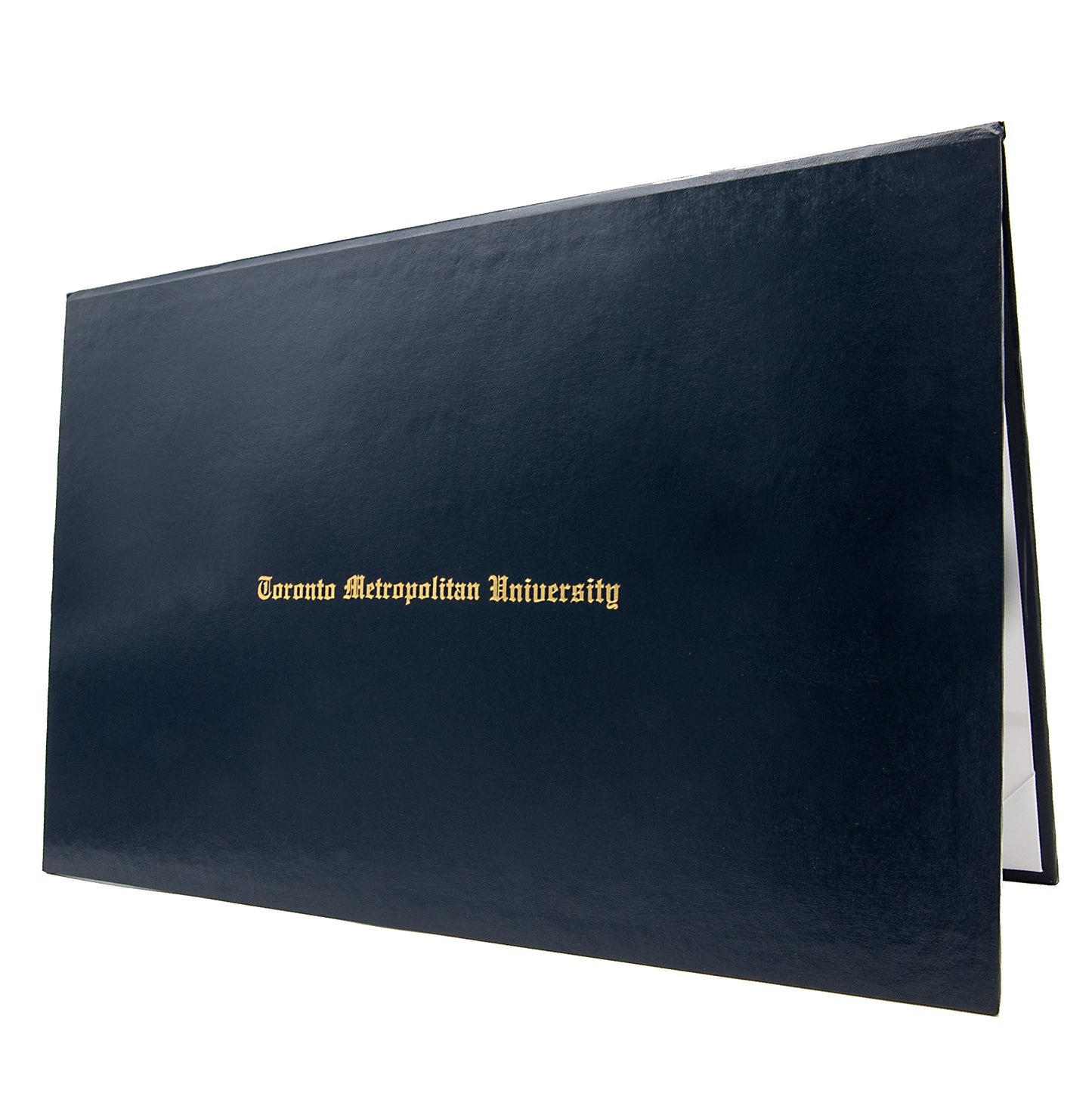 Custom size tent-style document cover by Honor U in navy with gold accents, designed for unique dimensions and professional use.